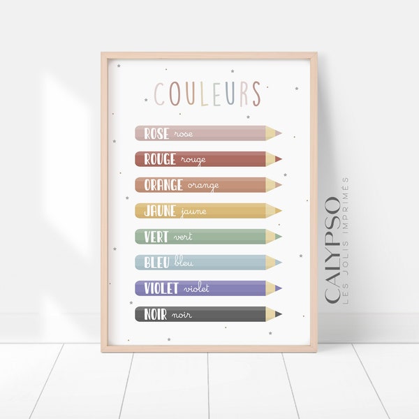 Affiche apprentissage des couleurs en français, poster crayons de couleur pour enfants, affiche Montessori, poster didactique couleurs