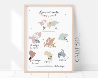Mehrfarbiges Poster mit den Kontinenten der Welt, pädagogisches Poster für Kinder, Bürodekoration, Spielzimmer, Büro, Weltkarte als Kinderdekoration
