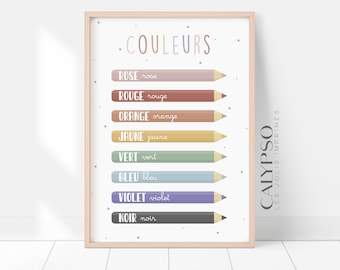 Affiche apprentissage des couleurs en français, poster crayons de couleur pour enfants, affiche Montessori, poster didactique couleurs