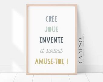 Affiche pour salle de jeux, poster décoratif de phrases positives pour enfants, bleu, vert et jaune, idéale pour l'espace des petits