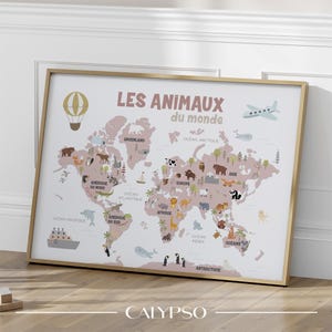 Affiche animaux du monde rose sur fond blanc, illustration carte murale au style scandinave pour petite fille
