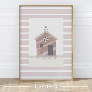 Póster infantil de casa junto al mar rosa - decoración para cabaña en la playa