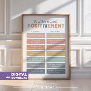 May include: A framed print with the text "Dire les choses POSITIVEMENT" in various colours. The print is divided into two columns with phrases like "Je n'ai pas réussi" and "Je ferai mieux la prochaine fois". The bottom left corner says "DIGITAL DOWNLOAD".