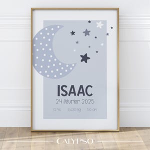 Affiche de naissance personnalisée lune bleue, cadeau pour nouveau-né, décoration chambre de bébé