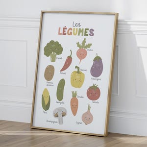May include: A colorful educational poster featuring illustrations of various vegetables with French names, including broccoli, radish, eggplant, pepper, potato, cucumber, corn, carrot, tomato, mushroom, and onion.