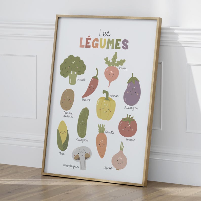 May include: A colorful educational poster featuring illustrations of various vegetables with French names, including broccoli, radish, eggplant, pepper, potato, cucumber, corn, carrot, tomato, mushroom, and onion.
