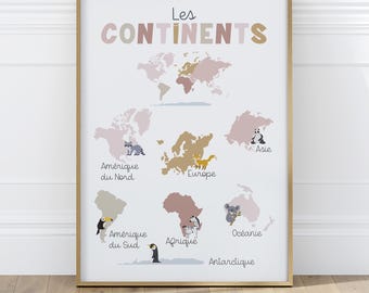 Educational Continents Poster in French – Pink World Map Print for Kids with Animals