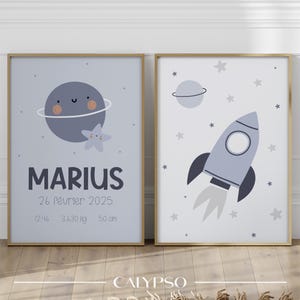 Poster di nascita con razzo blu e spazio, regalo personalizzato per neonati