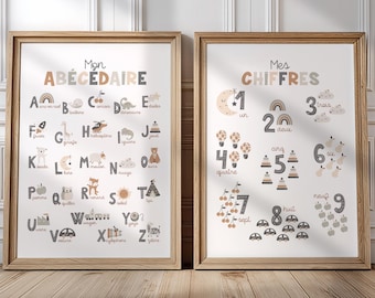 Póster infantil con el alfabeto y los números, color beige, gris y caramelo, decoración educativa.