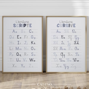 Blue cursive & script alphabet poster – Educational print for boy&#39;s room