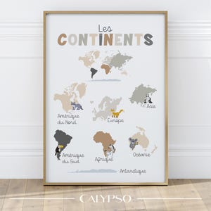 Affiche éducative les continents – Poster carte du monde enfant avec animaux