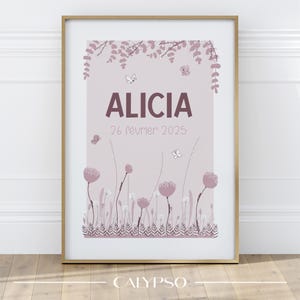 Poster floreale rosa boho per bambini, poster personalizzato con il nome, decorazione murale con fiori di campo
