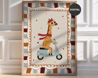 Affiche digitale girafe en scooter, décoration chambre d'enfant amusante