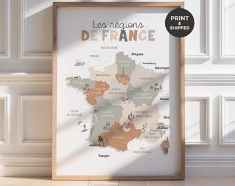 Mapa regionów Francji dla dzieci, wystrój w neutralnych barwach, plakat z geografią francuską