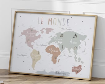 Mapa del mundo para niños en francés, decoración de pared, póster Montessori, póster educativo del mundo en colores pastel