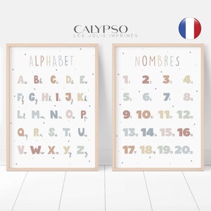 Pack De 2 Affiches Pédagogiques A3 - Alphabet Et Nombres 1-60 - Pour école Et Maison, 42x30 Cm