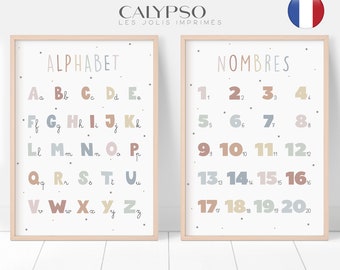 Afiche educativo de alfabetos y números, afiche minimalista en colores pastel, aprendizaje de letras y números para niños