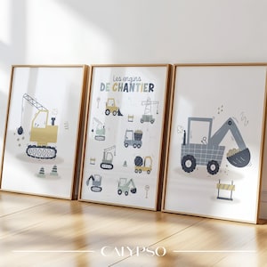 Juego de carteles de maquinaria de construcción para niños, carteles de vehículos para niños pequeños, tonos azul, verde y amarillo.