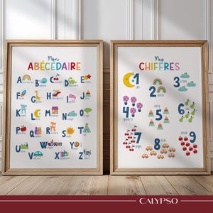 Illustrazioni dell'alfabeto e dei numeri, poster educativi multicolori in francese per bambini