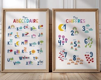 Illustrated alphabet and number prints, multicoloured educational posters in French for children