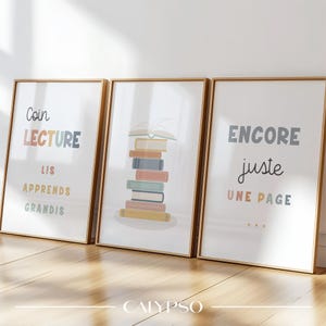 Trio di poster per l'angolo lettura per bambini, poster multicolori per la biblioteca con libri per la sala giochi o la scuola