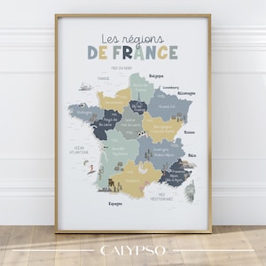 Poster of the Regions of France, school or playroom decoration, blue, yellow and green shades, French geography poster