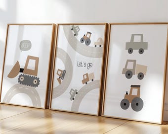 Pósteres de vehículos para niños: pósteres de coches, camiones y tractores al estilo escandinavo.