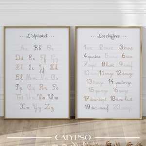 Affiches chiffres et lettres, poster éducatif rose, abécédaire et chiffres jusqu'à 20 en français, déco pour d'enfant ou salle de classe