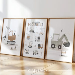 Drei Baumaschinen-Poster, Fahrzeug-Poster für kleine Jungs, in Beige-, Camel- und Khaki-Tönen