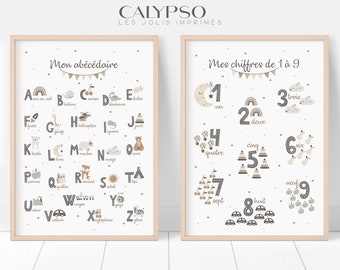 Set nummer- en abecedary-posters, educatieve poster in neutrale tinten voor het leren van het alfabet, leren voor in de klas