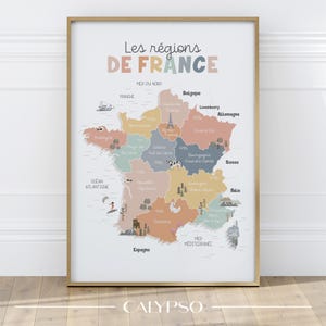 Art mural Régions de France, affiche colorée de géographique française