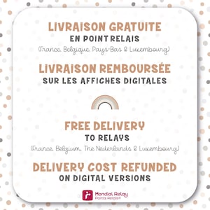K&ouml;nnte beinhalten: Eine Grafik mit einem Regenbogen-Design und Text in Franz&ouml;sisch und Englisch. Der Text lautet "Livraison Gratuite en Point Relais (France, Belgique, Pays-Bas & Luxembourg)" und "Free Delivery to Relays (France, Belgium, The Netherlands & Luxembourg)". Der Text lautet auch "Livraison Rembours&eacute;e sur les Affiches Digitales" und "Delivery Cost Refunded on Digital Versions". Die Grafik enth&auml;lt auch das Logo von Mondial Relay Points Relais.