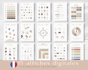 Set of 15 beige and khaki educational posters in French, educational sheets to print, for classroom, learning posters
