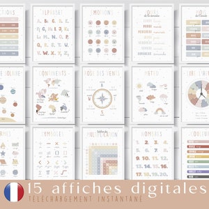 Set of 15 educational posters in French, educational posters to print, for classroom, multi-colored learning posters