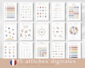 Set of 15 educational posters in French, educational posters to print, for classroom, multi-colored learning posters