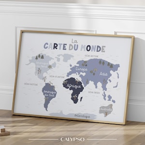 Affiche carte du monde enfant – Poster éducatif chambre de petit garçon – Décoration murale bleue