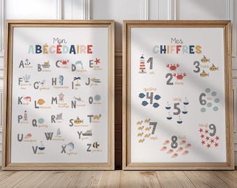 Pósteres del alfabeto y números náuticos: decoración educativa para niños.