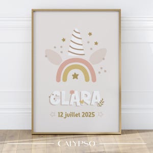 Poster unicorno personalizzato, poster con nome e data di nascita, regalo di nascita per bambina