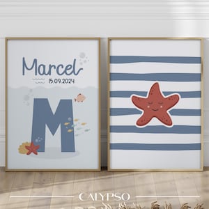 Póster bajo el océano para niños, regalo de nacimiento marinero, póster de estilo escandinavo, nombre inicial y fecha de cumpleaños