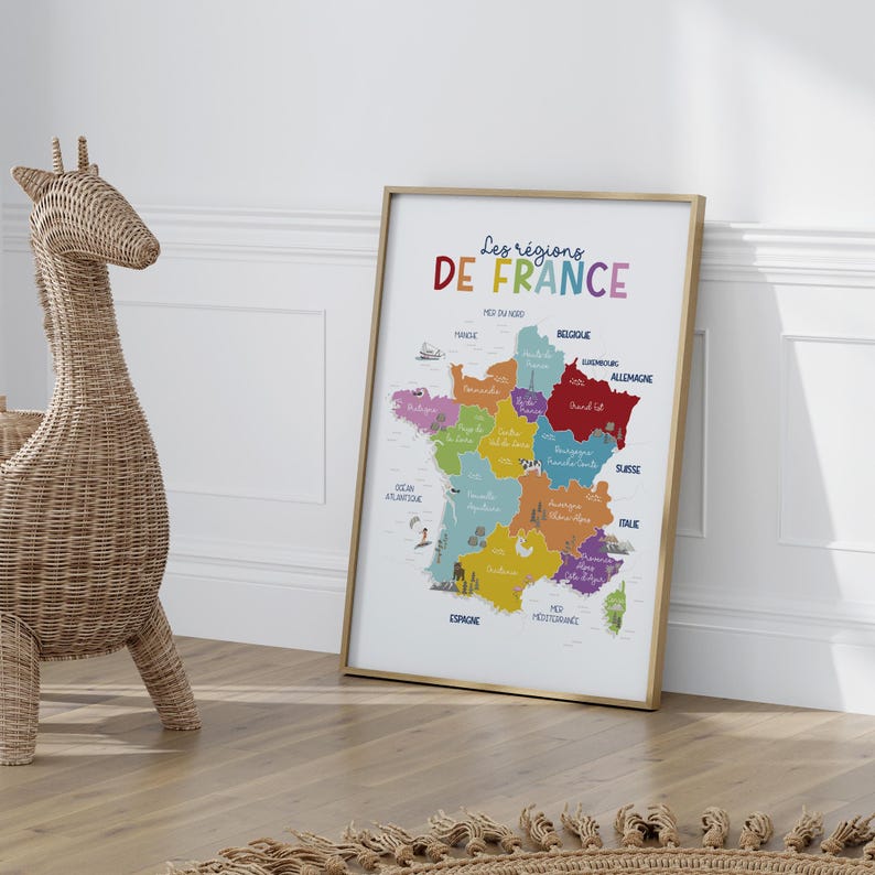 Mapa de Francia en colores brillantes para niños, ciudades principales, póster de geografía francesa para el aula. imagen 5