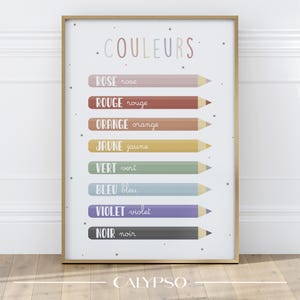 Cartel aprendiendo colores en francés, cartel de lápices de colores para niños, cartel de lápices