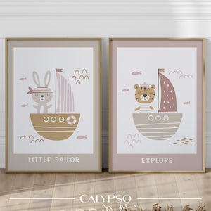 Rosa Kaninchen- und Tigerposter im Boot für Kinder, Poster im skandinavischen Stil