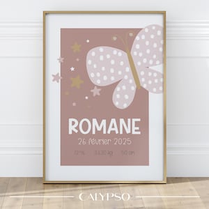 Affiche de naissance personnalisée papillon rose à pois, cadeau pour nouveau-né, décoration chambre de bébé