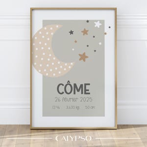 Poster de naissance personnalisé lune et étoiles, cadeau pour nouveau-né, décoration chambre de bébé
