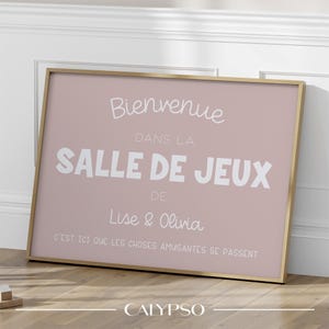 Affiche salle de jeux personnalisée pour fille en français, décoration murale rose avec le prénom des enfants