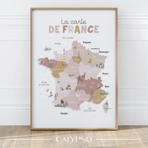 Mapa Francji dla dzieci, główne miasta, odcienie różu i beżu, francuski plakat geograficzny do klasy