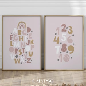 Rosa ABC- und Zahlen-Wanddekoration für Kinder, Buchstaben und Zahlen lernen für Kinder