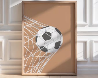 Soccer ball goal net boys bedroom wall art print caramel beige decor