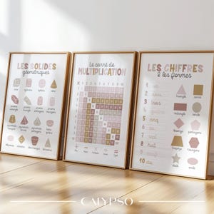 Set de 3 carteles de cálculo y geometría de color rosa para niños - Pósters para clase o escuela en casa