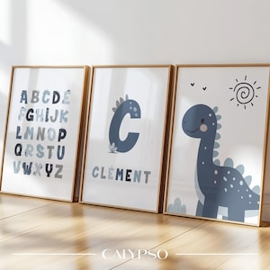 Poster dinosauri blu per bambini - 3 poster personalizzati con iniziali e nomi, dinosauro e alfabeto blu